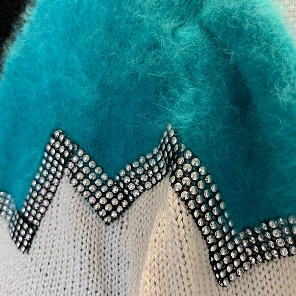 VTG Susann D 1980s Glam Color Block Sweater Medium Black White Blue Rhinestones - Picture 3 of 10